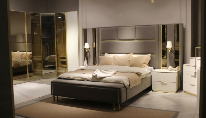 Lit 2x Tables de chevet 3 pièces. Chambre Lit double Mobilier design Bois nouvelle Ensemble