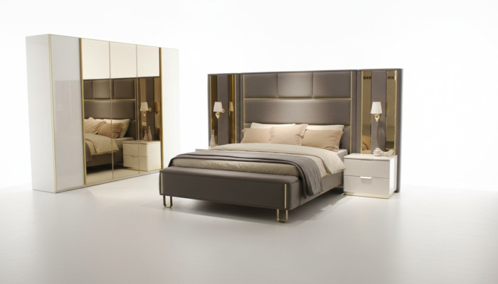 Lit 2x Tables de chevet 3 pièces. Chambre Lit double Mobilier design Bois nouvelle Ensemble