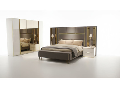 Lit 2x Tables de chevet 3 pièces. Chambre Lit double Mobilier design Bois nouvelle Ensemble