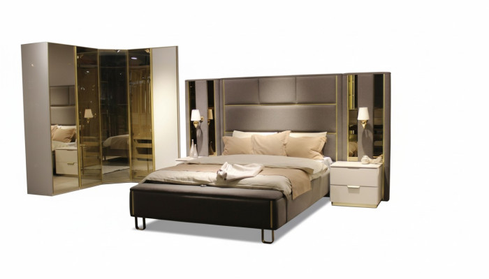Ensemble de chambre de luxe Lit + 2x tables de chevet + Tabouret Meubles de design 4 pcs. neuf