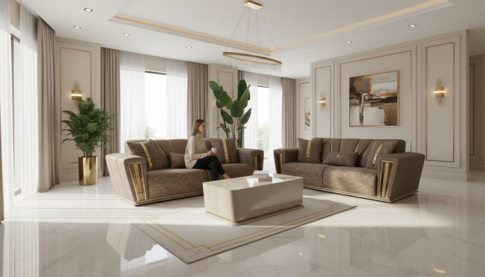 Canapé moderne 3+3 places et fauteuil assorti en tissu gris, de luxe, complet en 2 pièces.