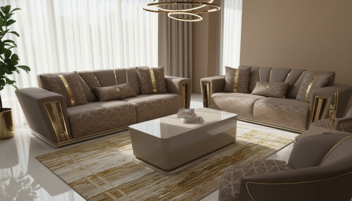 Canapé moderne 3+3 places et fauteuil assorti en tissu gris, de luxe, complet en 2 pièces.