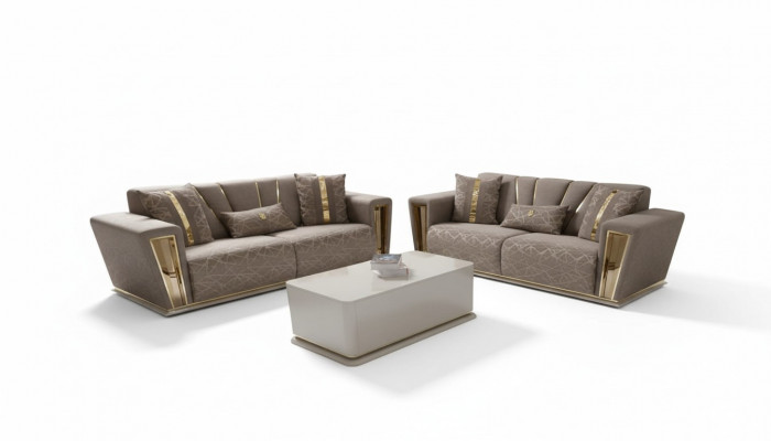 Canapé moderne 3+3 places et fauteuil assorti en tissu gris, de luxe, complet en 2 pièces.