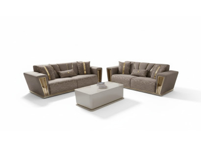 Canapé moderne 3+3 places et fauteuil assorti en tissu gris, de luxe, complet en 2 pièces.