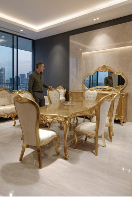 Table à manger classique + 6 chaises + buffet avec miroir Or Bois Commode nouvelle