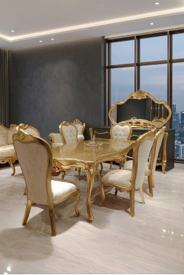 Table à manger classique + 6 chaises + buffet avec miroir Or Bois Commode nouvelle
