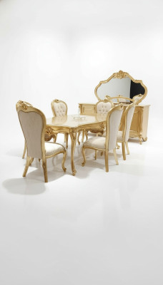 Table à manger classique + 6 chaises + buffet avec miroir Or Bois Commode nouvelle