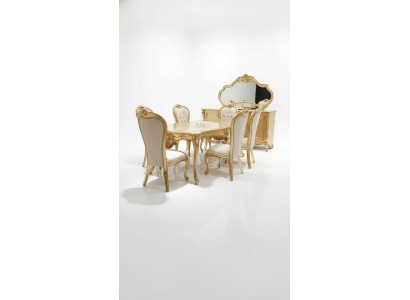 Table à manger classique + 6 chaises + buffet avec miroir Or Bois Commode nouvelle