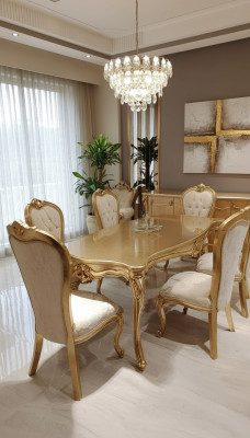 Table de salle à manger classique 200x110cm Or Table en bois de luxe Nouveau design Tables de cuisine