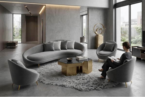 Canapé d'angle en velours en forme de L, paysage de vie décontracté, design de siège de détente, canapé-lounge.