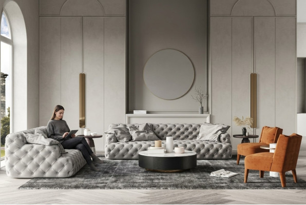 Canapé en cuir Chesterfield trois places, design relax, canapé lounge. Longueur de 234 cm.