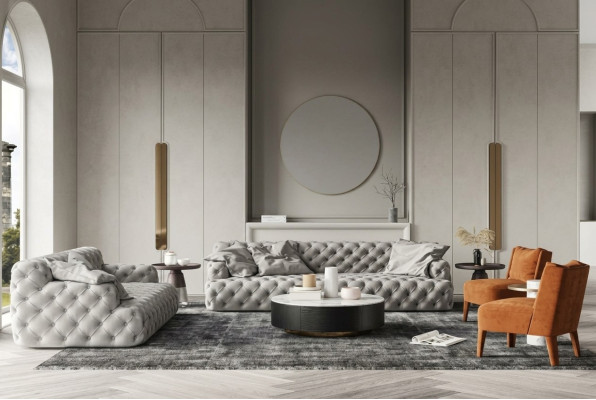 Canapé en cuir Chesterfield trois places, design relax, canapé lounge. Longueur de 234 cm.