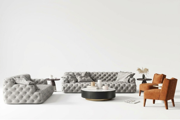 Canapé en cuir Chesterfield trois places, design relax, canapé lounge. Longueur de 234 cm.