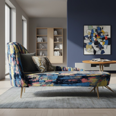 Chaise longue en tissu d'ameublement moderne, siège de détente de luxe, mobilier de salon paysager.