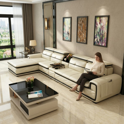 Canapé d'angle en cuir de luxe Canapé d'angle en forme de L Moderne Siège de détente rembourré Mobilier de paysage vivant