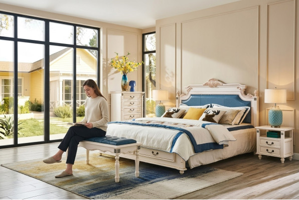 Lit double rembourré design Lits Lit Chambre à coucher Lit de mariage Cuir Style colonial