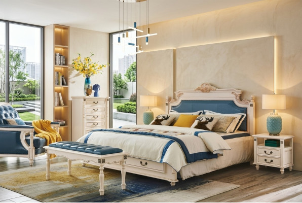 Lit double rembourré design Lits Lit Chambre à coucher Lit de mariage Cuir Style colonial