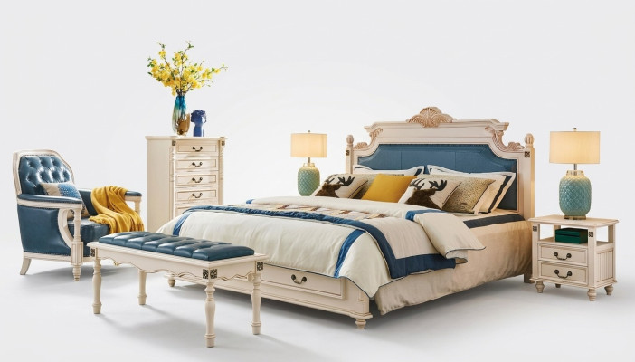 Lit double rembourré design Lits Lit Chambre à coucher Lit de mariage Cuir Style colonial