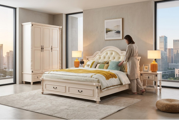 Lit double Chesterfield et 2 tables de chevet sur pieds tournés