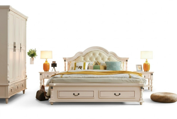 Lit double Chesterfield et 2 tables de chevet sur pieds tournés