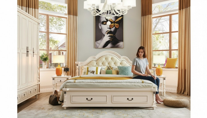 Ensemble de chambre Lit Table de chevet Armoire Lits d'hôtel Bois Design 4 pièces.