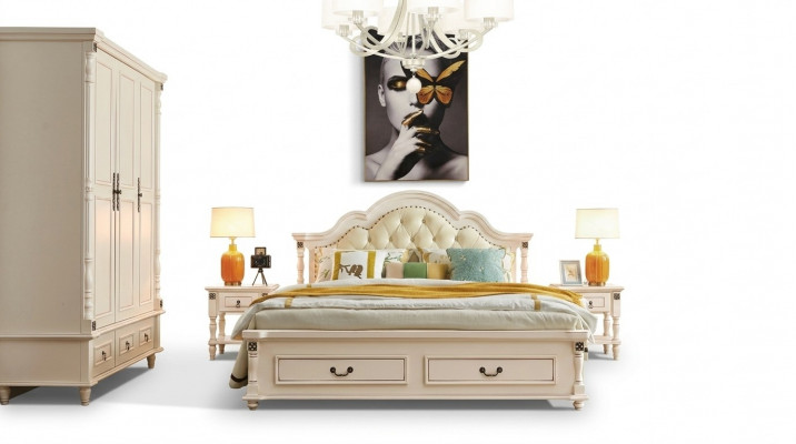 Ensemble de chambre Lit Table de chevet Armoire Lits d'hôtel Bois Design 4 pièces.
