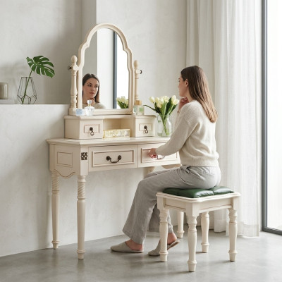 Table de maquillage de coiffeuse avec miroir et tabouret en bois 2 pièces.