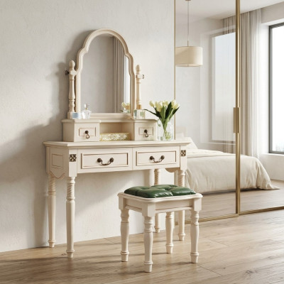 Table de maquillage de coiffeuse avec miroir et tabouret en bois 2 pièces.