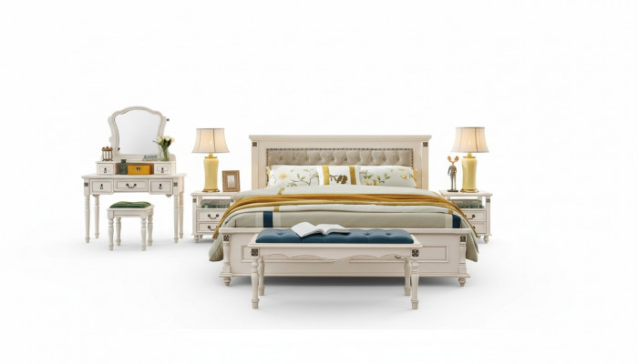 Élégant lit double avec un design en bois luxueux et une tête de lit rembourrée