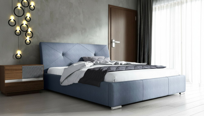 Lits doubles d'hôtel en tissu bleu pour chambre à coucher en bois bleu.
