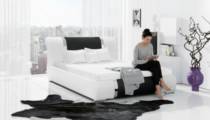 Lit Cadre de lit Lit double Lits Lit de mariage Lit rembourré Bande chrome Mobilier Blanc