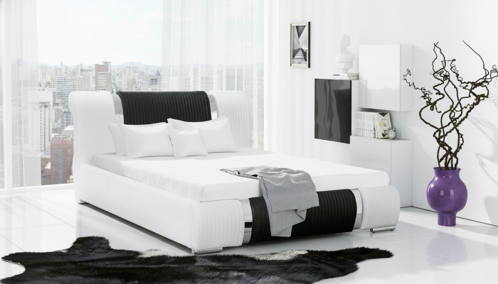 Lit Cadre de lit Lit double Lits Lit de mariage Lit rembourré Bande chrome Mobilier Blanc