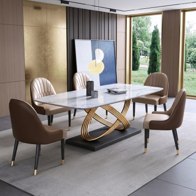 Table de salle à manger de luxe en métal Méga conceptions de tables en acier inoxydable Imitation en marbre Table de salle à manger