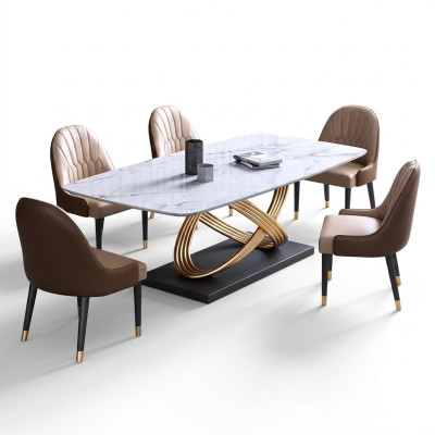 Table de salle à manger de luxe en métal Méga conceptions de tables en acier inoxydable Imitation en marbre Table de salle à manger