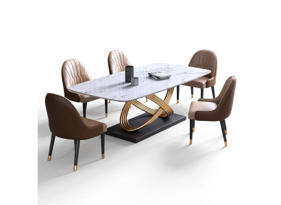 Table de salle à manger de luxe en métal Méga conceptions de tables en acier inoxydable Imitation en marbre Table de salle à manger