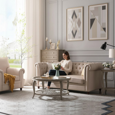 Ensemble de canapé Chesterfield 321 Canapé en cuir de design de siège de paysage de vie.
