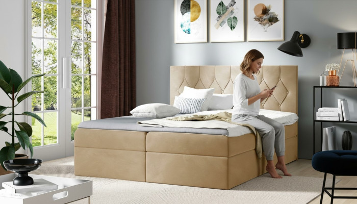 Lit Box Spring de Luxe Lits d'Hôtel Fonction de literie Tapissier 180x200cm Beige