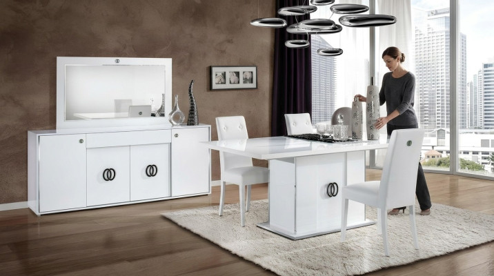Table à manger avec 3 chaises, commode, miroir, luxe, bois, moderne, ensemble de design de 6 pièces.