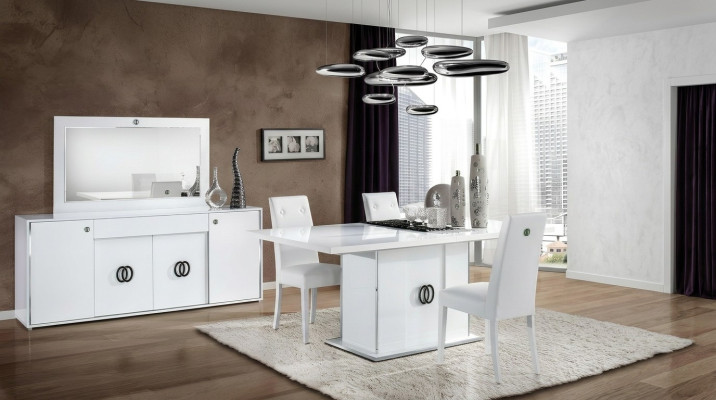 Table à manger avec 3 chaises, commode, miroir, luxe, bois, moderne, ensemble de design de 6 pièces.