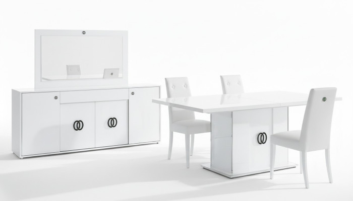 Table à manger avec 3 chaises, commode, miroir, luxe, bois, moderne, ensemble de design de 6 pièces.