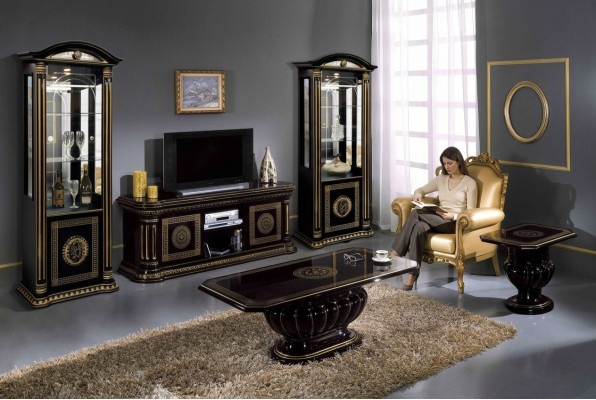 Jeu de salon de luxe de 5 pièces avec vitrine, table basse et table d'appoint noire