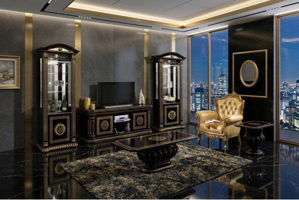 Jeu de salon de luxe de 5 pièces avec vitrine, table basse et table d'appoint noire