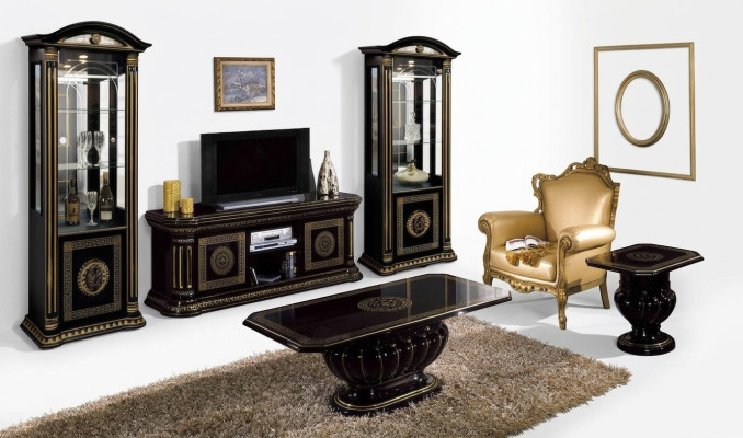 Jeu de salon de luxe de 5 pièces avec vitrine, table basse et table d'appoint noire