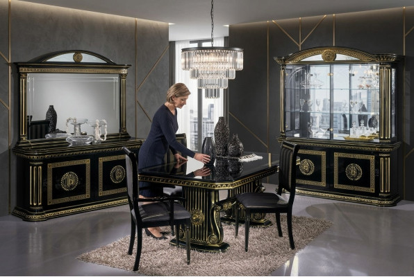 Ensemble de meubles de luxe pour salle à manger, table, chaises, commode, vitrine, miroir, neuf, 8 pièces.