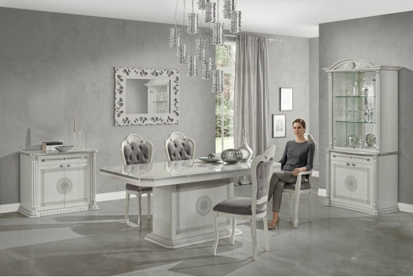 Ensemble de salle à manger table chaises commode vitrine groupe bois blanc 7 pièces