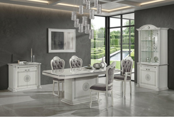 Ensemble de salle à manger table chaises commode vitrine groupe bois blanc 7 pièces