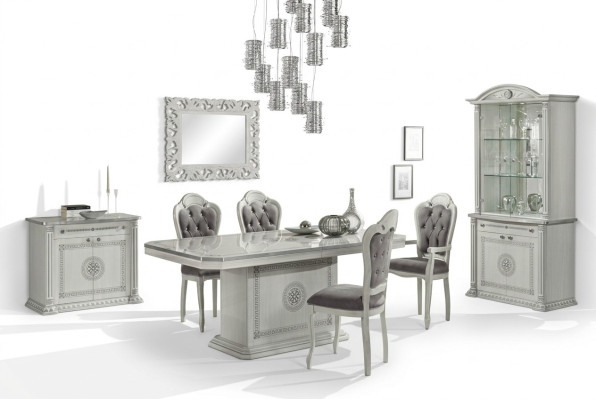 Ensemble de salle à manger table chaises commode vitrine groupe bois blanc 7 pièces