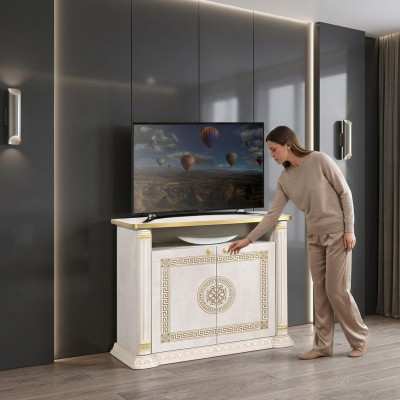 Meuble TV design, console pour téléviseur, meuble de luxe en bois doré beige