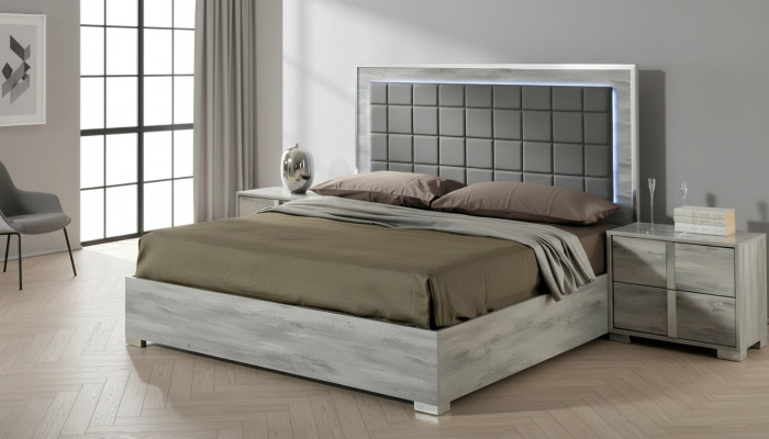 Lit double de luxe en bois tapissé gris au design moderne