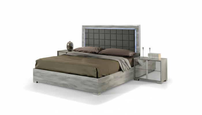 Lit double de luxe en bois tapissé gris au design moderne